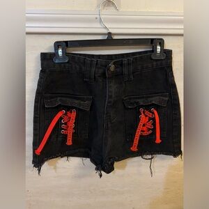 Romwe shorts black wash, distressed/raw hems, Red tie-up detailing